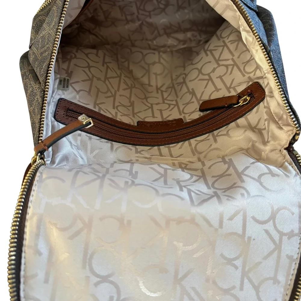 Calvin Klein Monogram Logo Faux Leather Backpack Brown‎ Gold Chic Designer